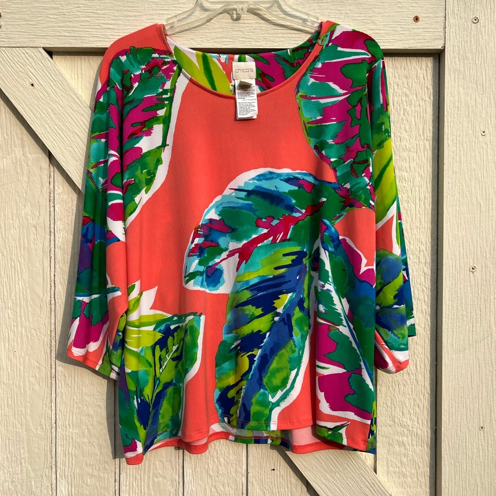 Chico’s size 3 (XL) bright colored tropical long sleeve blouse